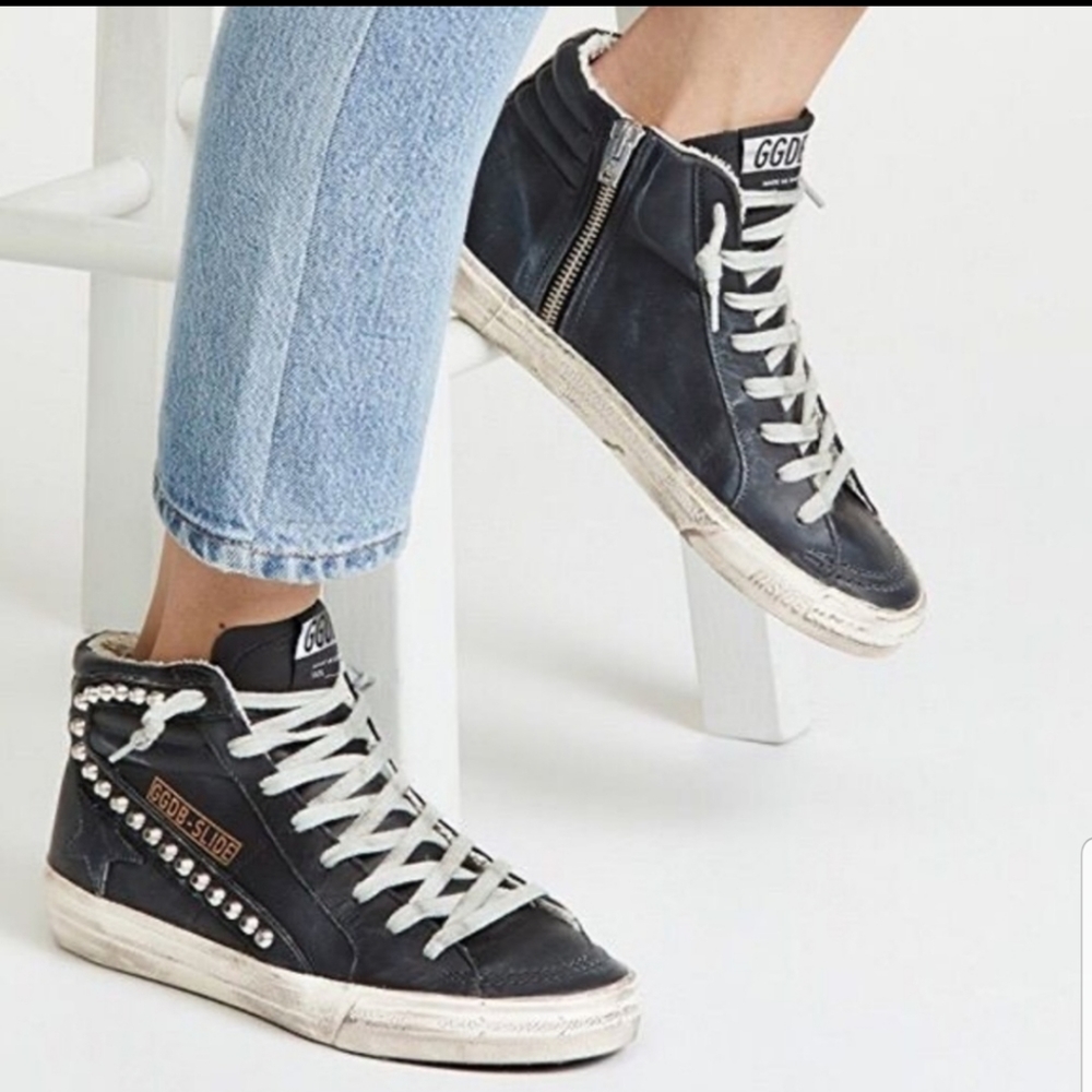 Golden goose black studded slide sneakers